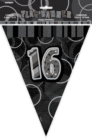 Glitz Black & Silver Birthday Flag Banner - 16 - Yakedas Party and Giftware