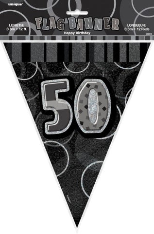 Glitz Black & Silver Birthday Flag Banner - 50 - Yakedas Party and Giftware