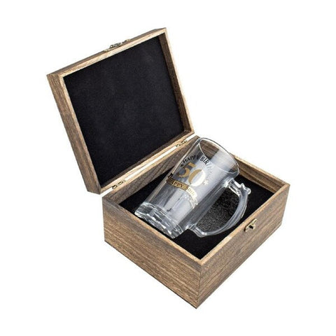 50th Birthday stein glass with wooden box Yakeda's Party + Giftware