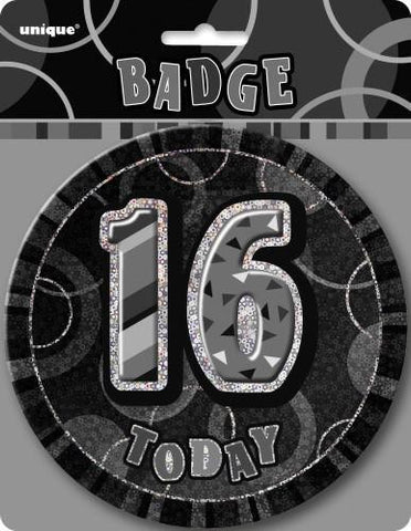 Glitz Black & Silver Birthday Badge - 16 - Yakedas Party and Giftware
