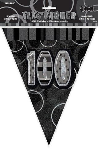 Glitz Black & Silver Birthday Flag Banner - 100 - Yakedas Party and Giftware