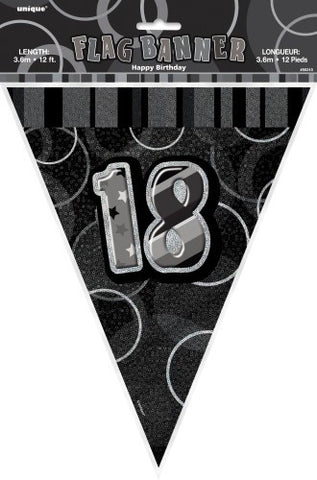 Glitz Black & Silver Birthday Flag Banner - 18 - Yakedas Party and Giftware
