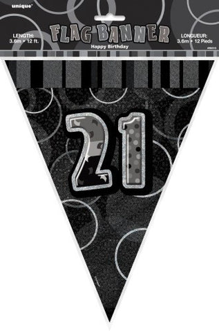 Glitz Black & Silver Birthday Flag Banner - 21 - Yakedas Party and Giftware