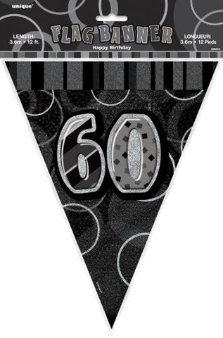 Glitz Black & Silver Birthday Flag Banner - 60 - Yakedas Party and Giftware
