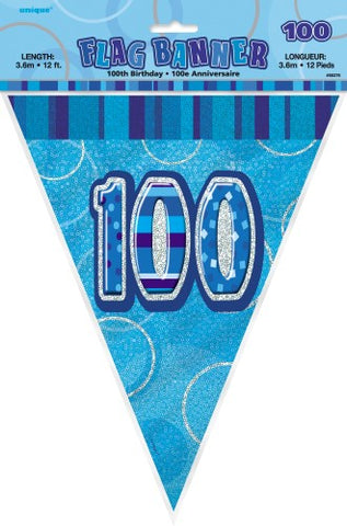 Glitz Blue Birthday Flag Banner - 100 - Yakedas Party and Giftware