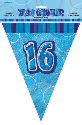 Glitz Blue Birthday Flag Banner - 16 - Yakedas Party and Giftware