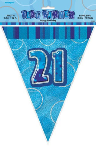 Glitz Blue Birthday Flag Banner - 21 - Yakedas Party and Giftware