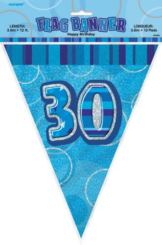 Glitz Blue Birthday Flag Banner - 30 - Yakedas Party and Giftware