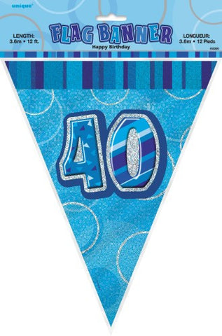Glitz Blue Birthday Flag Banner - 40 - Yakedas Party and Giftware
