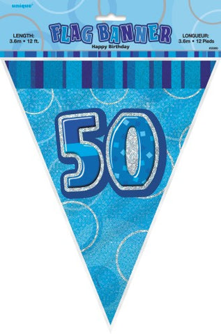 Glitz Blue Birthday Flag Banner - 50 - Yakedas Party and Giftware