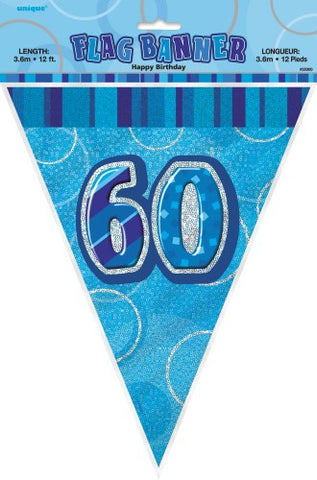 Glitz Blue Birthday Flag Banner - 60 - Yakedas Party and Giftware