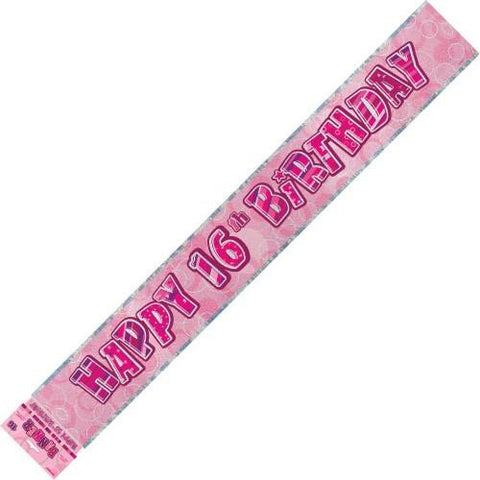 Glitz Pink 16th Birthday Foil Banner - Yakedas Party and Giftware