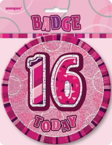 Glitz Pink Birthday Badge - 16 - Yakedas Party and Giftware