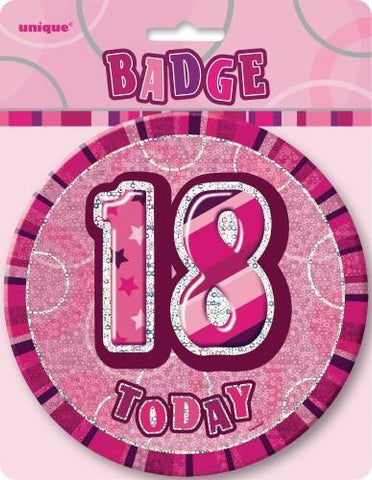 Glitz Pink Birthday Badge - 18 - Yakedas Party and Giftware