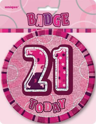 Glitz Pink Birthday Badge - 21 - Yakedas Party and Giftware