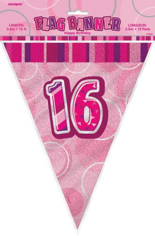 Glitz Pink  Birthday Flag Banner - 16 - Yakedas Party and Giftware