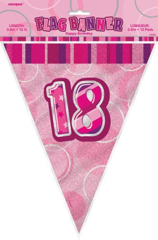 Glitz Pink  Birthday Flag Banner - 18 - Yakedas Party and Giftware