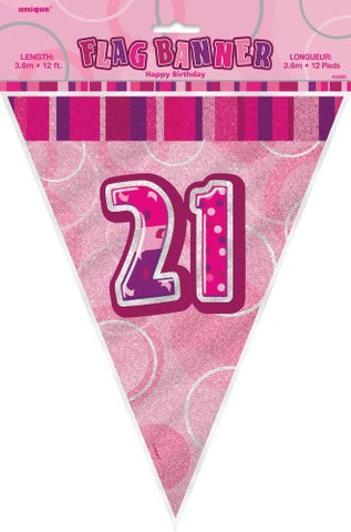 Glitz Pink  Birthday Flag Banner - 21 - Yakedas Party and Giftware