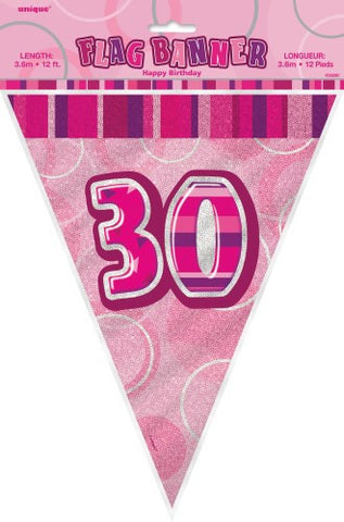Glitz Pink  Birthday Flag Banner - 30 - Yakedas Party and Giftware