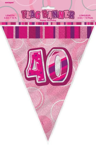 Glitz Pink  Birthday Flag Banner - 40 - Yakedas Party and Giftware