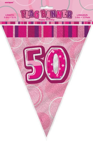 Glitz Pink  Birthday Flag Banner - 50 - Yakedas Party and Giftware
