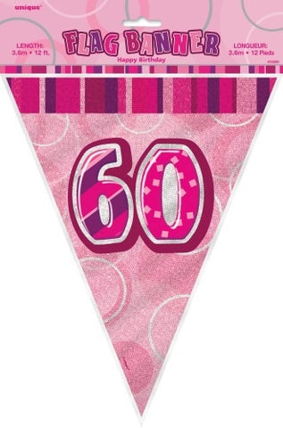 Glitz Pink  Birthday Flag Banner - 60 - Yakedas Party and Giftware