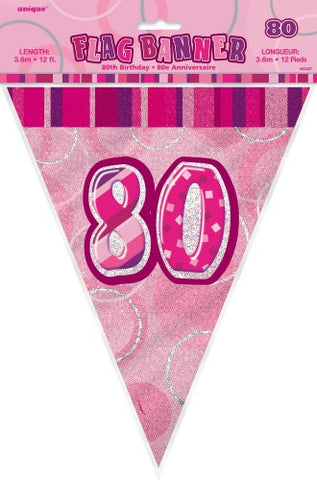 Glitz Pink  Birthday Flag Banner - 80 - Yakedas Party and Giftware