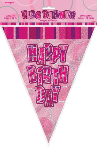 Glitz Pink Happy Birthday Flag Banner - Yakedas Party and Giftware