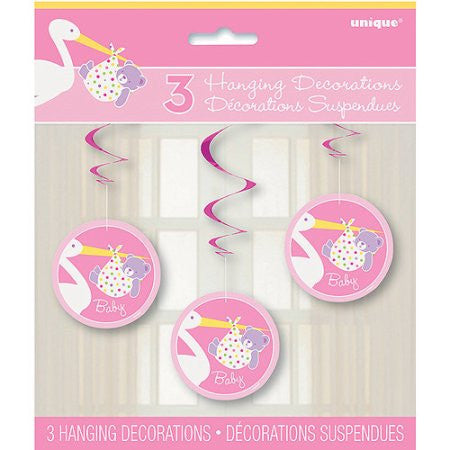 Pink Stork Baby Shower Hanging Swirl Decorations - Yakedas Party and Giftware